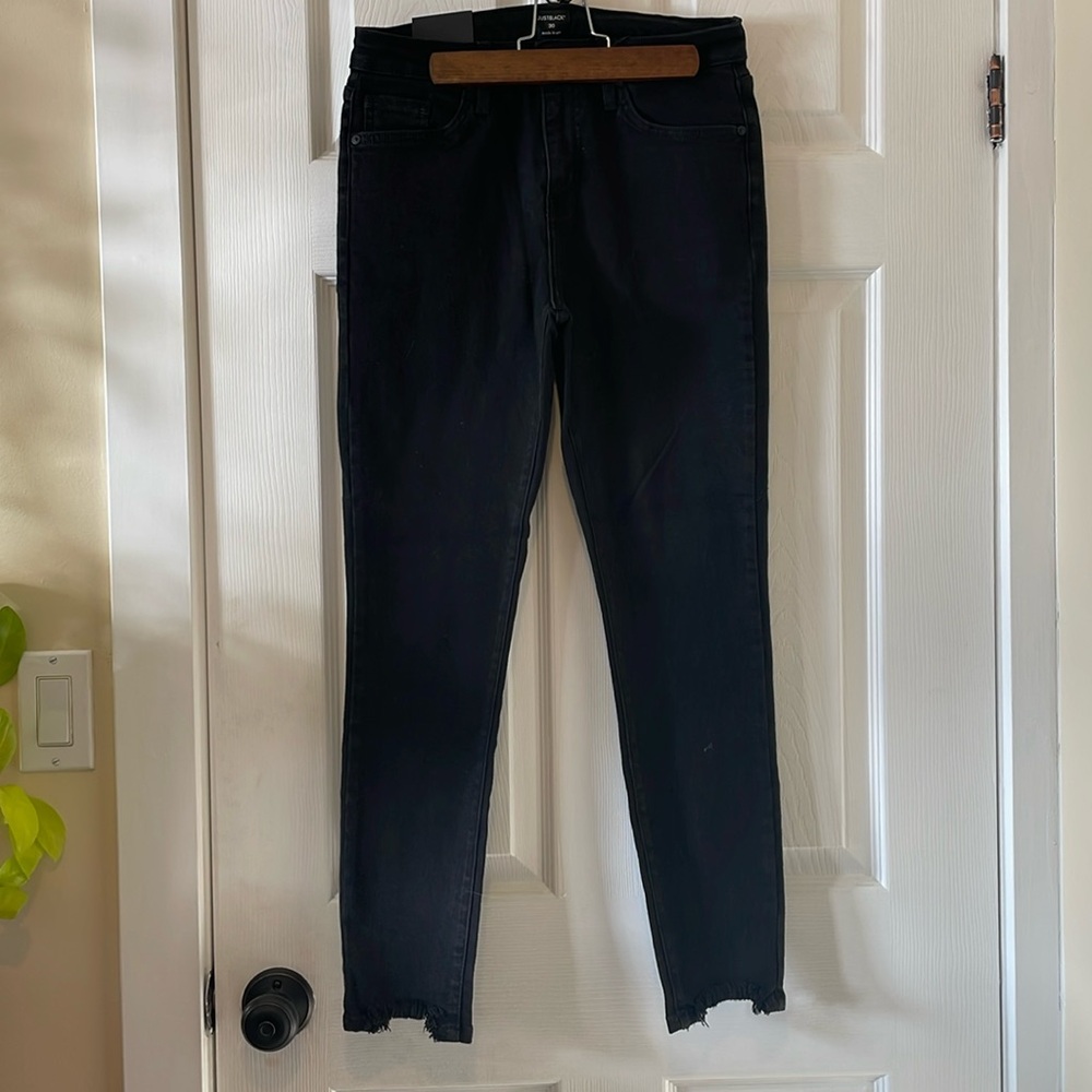 Just black denim distressed hem high rise black jeans punk goth rocker biker